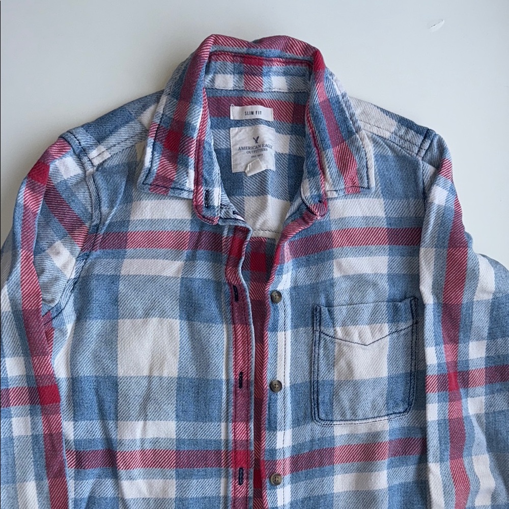 AE junior women cotton pink blue white plaid size XXS comfy soft button up shirt